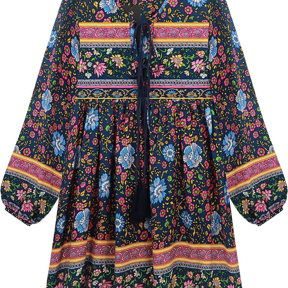 R.Vivimos Womens Long Sleeve Floral Casual Print Cotton Mini Tunic Dress